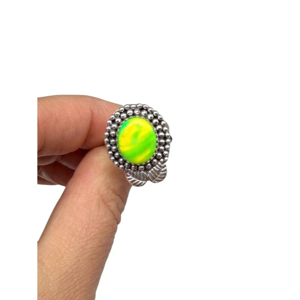 Lime Green Aurora Opal Ring Size 6.5 Solid 925 Sterling Silver Aura